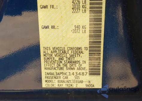 2017 Nissan Altima 2.5 Sr from USA, damaged, VIN 1N4AL3AP9HC143487